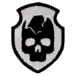 STALKER Bandits patch featuring a black skull emblem on a white shield, representing the Bandits faction from the STALKER series.