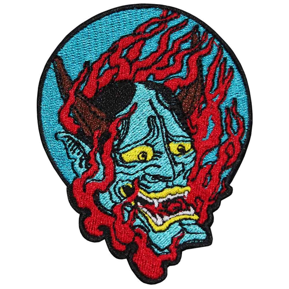 A detailed Oni mask patch