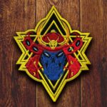 Blue Oni Samurai mask embroidered patch with red and gold accents
