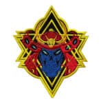 Blue Oni Samurai mask embroidered patch with red and gold accents