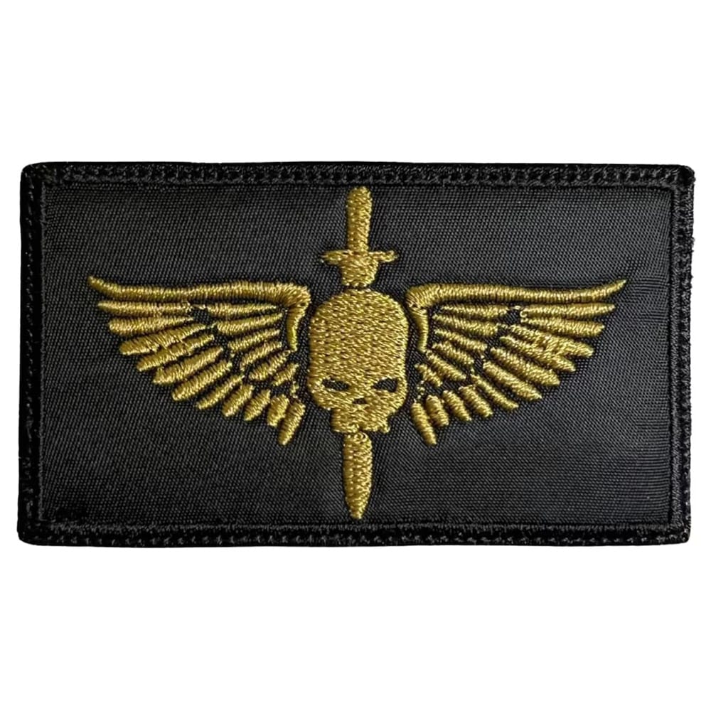 Embroidered patch featuring a gold skull with wings and sword