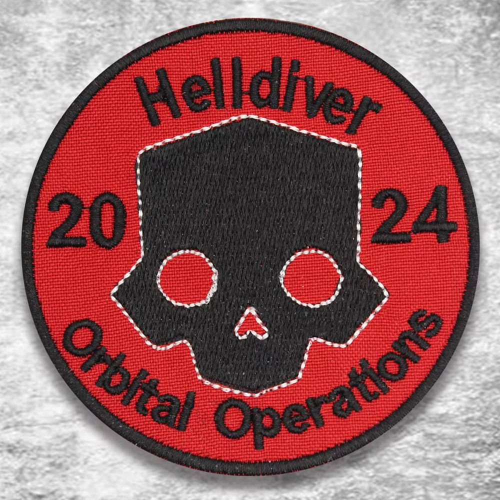 Embroidered patch featuring a skull with 'Helldiver 2024 Orbital Operations' text on a red background