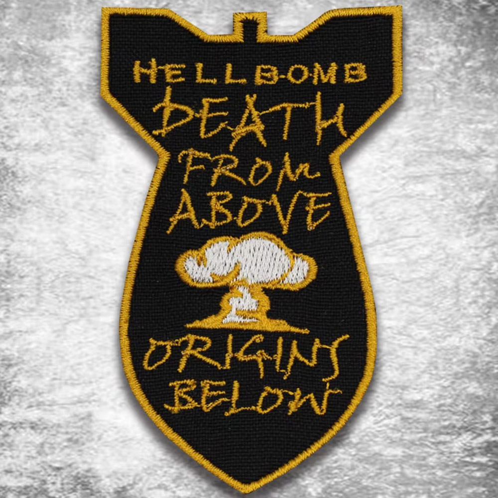 Embroidered patch with text 'Hellbomb Death from Above Origins Below' featuring a mushroom cloud