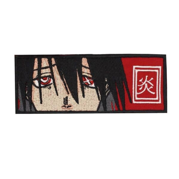Embroidered patch of Benimaru Shinmon from Fire Force anime, featuring his intense gaze and the kanji symbol for "fire"