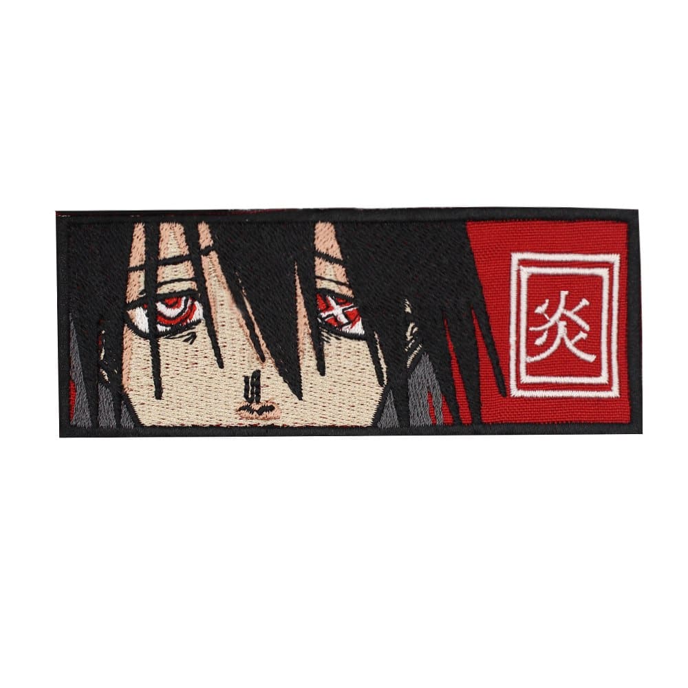 Embroidered patch of Benimaru Shinmon from Fire Force anime, featuring his intense gaze and the kanji symbol for "fire"