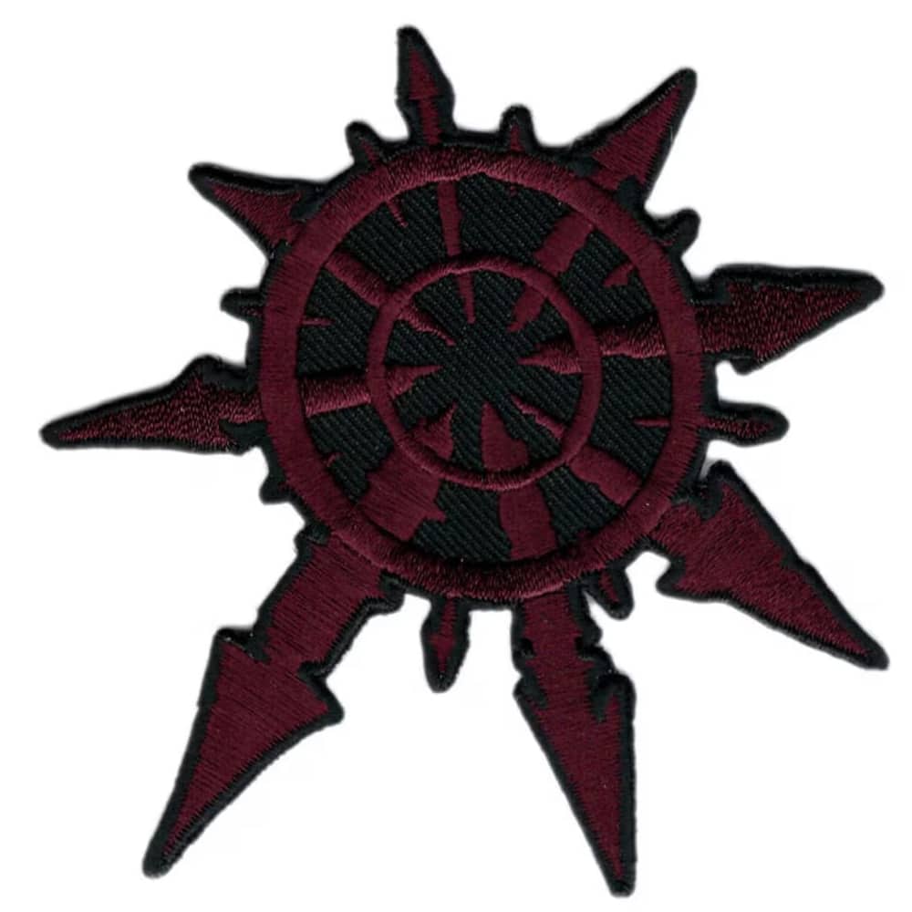 Embroidered patch featuring a dark red and black chaos star