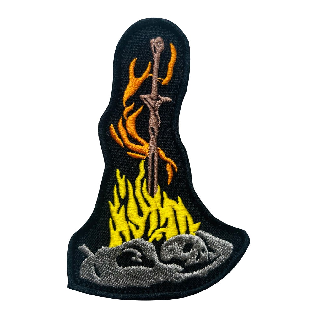 Dark Souls Bonfire embroidered patch featuring a sword in flames.