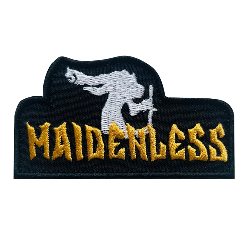 Elden Ring Maidenless embroidered patch featuring a silhouette of a maiden with flowing hair and the word "MAIDENLESS" in bold yellow letters.