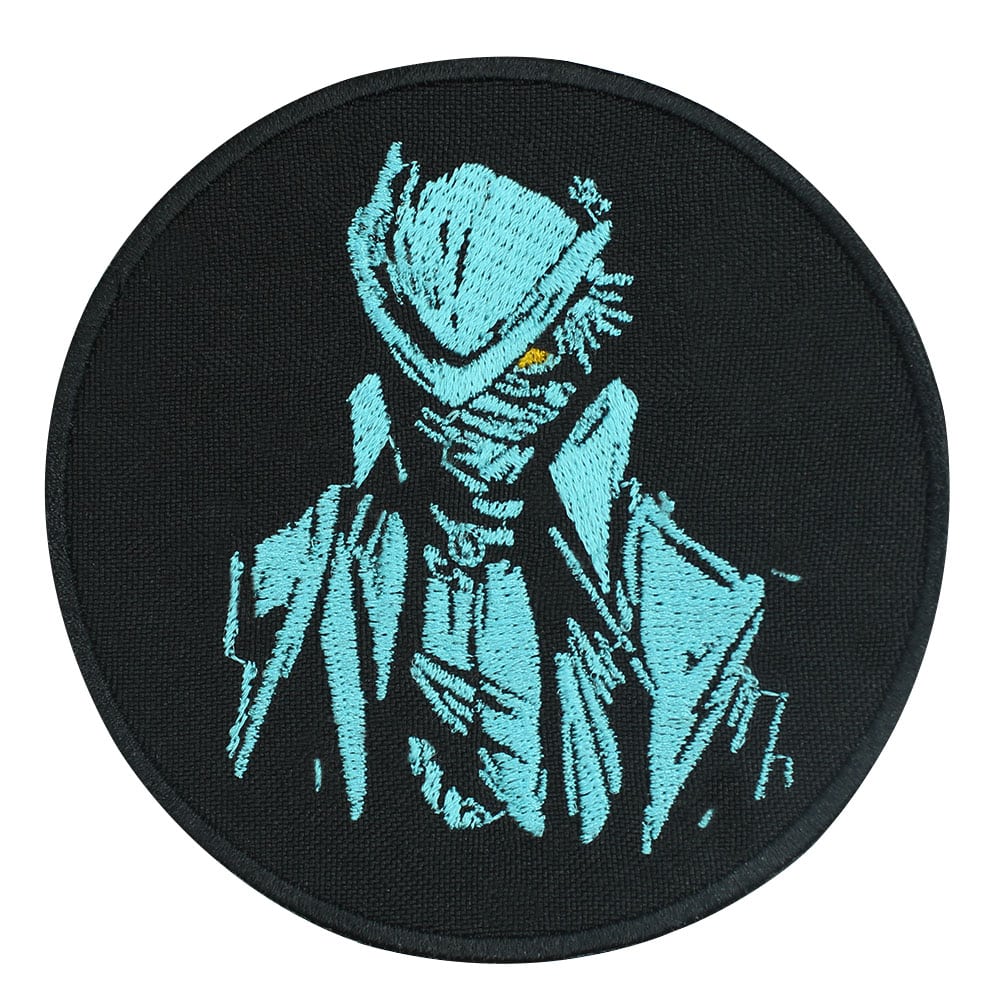 Bloodborne embroidered patch featuring a blue silhouette of a Bloodborne hunter on a black background.