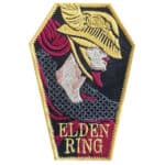 Detailed embroidered patch of Malenia from Elden Ring, featuring intricate gold and red designs on a black background.