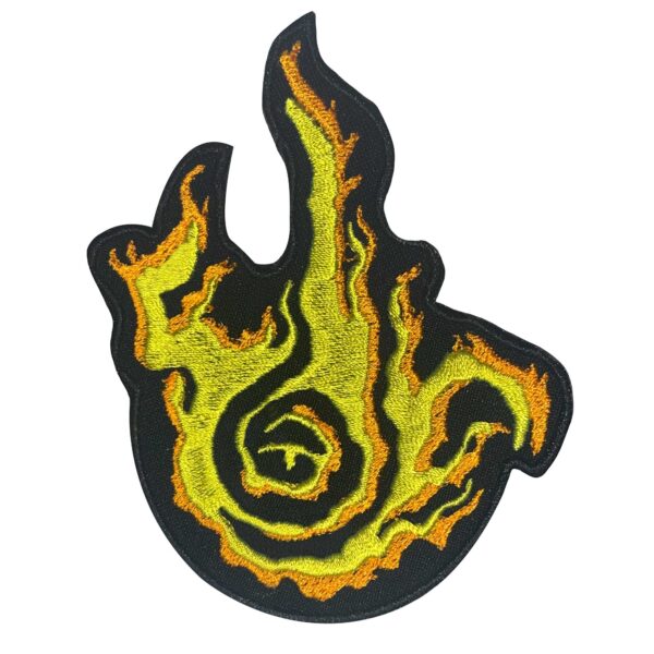 Frenzied Flame embroidered patch with yellow and orange fire design, symbolizing chaos from Elden Ring