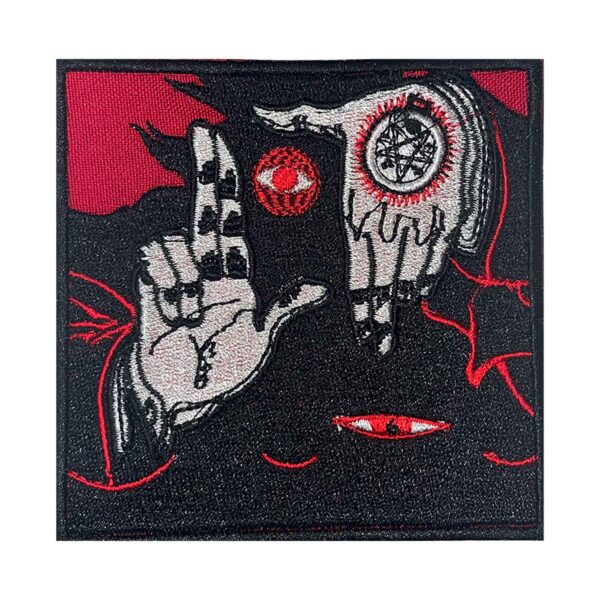 Embroidered Alucard Hellsing Patch featuring symbolic elements from Hellsing, including Alucard Hellsing Eyes, occult sigils, and a gothic dark red and black design.