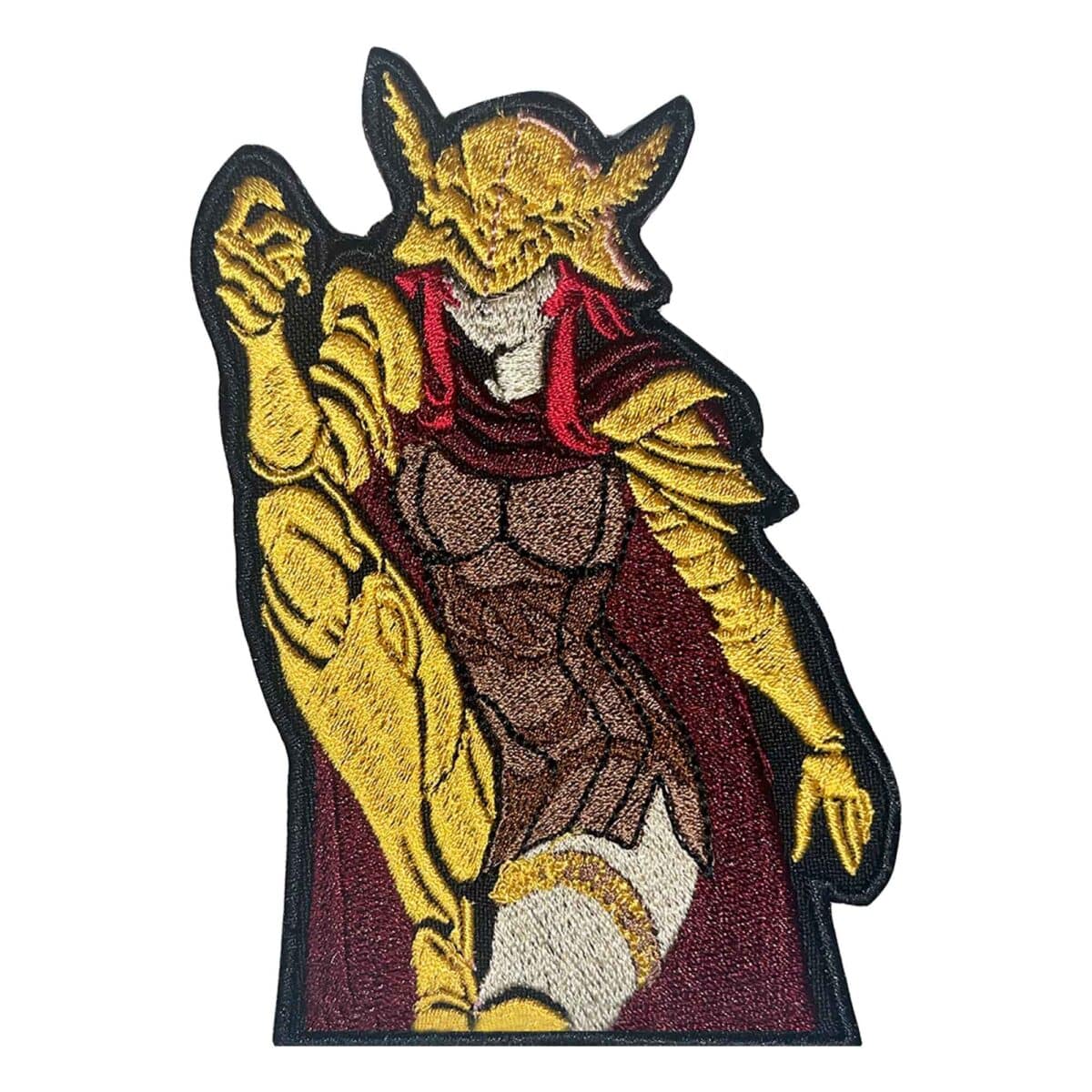 Embroidered patch featuring Malenia, Blade of Miquella from Elden Ring. The design showcases Malenia in her iconic gold armor, flowing red hair, and prosthetic gold arm, striking a dynamic pose. Perfect for Soulsborne fans, Elden Ring cosplay, and collectors.