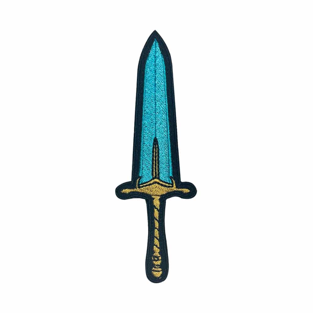 Moonlight Sword embroidered patch inspired by Dark Souls, Bloodborne, and Elden Ring, featuring blue and gold detailing with sew-on, iron-on, and Velcro attachment options.