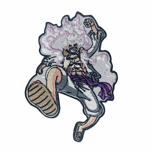 Embroidered One Piece Luffy Gear 5 Patch featuring Monkey D. Luffy in his Gear Fifth transformation with flowing white hair and smoke effects. Perfect for One Piece anime and manga fans, cosplay, and collectors.