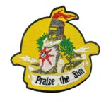 Dark Souls Praise the Sun patch featuring Solaire of Astora raising his arms in devotion, embroidered in yellow with "Praise the Sun" banner.