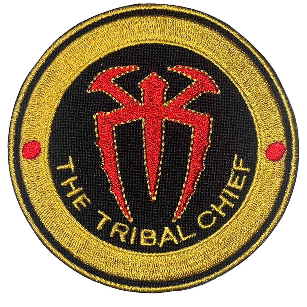 WWE Roman Reigns Tribal Chief embroidered patch with bold red and gold design, featuring his iconic emblem and "The Tribal Chief" text.